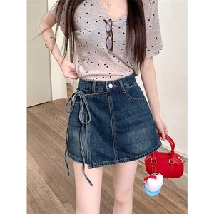 复古牛仔半身裙女2025夏季小个子包臀a字不规则抽绳短裙裤子潮流图片