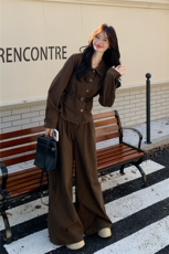 咖色复古衬衫套装女2025年秋季新款韩系超火ootd穿搭阔腿裤两件套，女装套装/套裙，2C133