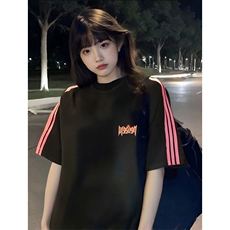 抖音得物品质二开240克宽松纯棉美式潮牌印花三条杠中性风短袖T恤，男装T恤，电商A486-1