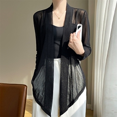 网纱v领开衫薄款女外套针织空调衫防晒配吊带裙外搭长袖上衣披肩，女装蕾丝衫/雪纺衫，圣丽羊绒