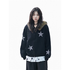 美式复古毛领连帽开衫卫衣女设计感烫钻星星宽松外套，女装短外套，星座1210-1