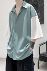 新款夏季禁欲风短剧拼接男士撞色短衬衫A071-C12-P35，男装衬衫，电商A071
