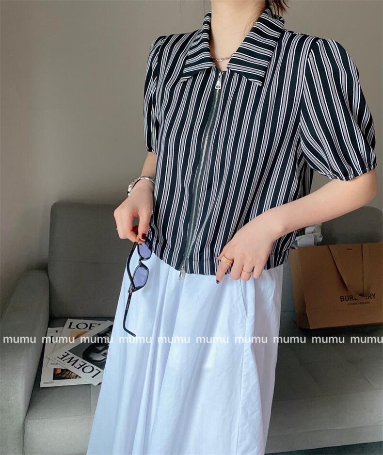 条纹轻薄上衣，女装，沐·沐