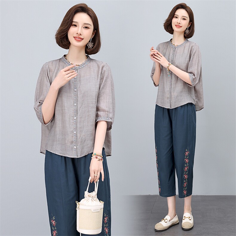 文艺苎麻衬衫女夏季2025年新款中年妈妈遮肚子宽松刺绣五分袖上衣，女装套装/套裙，奕阳依阁