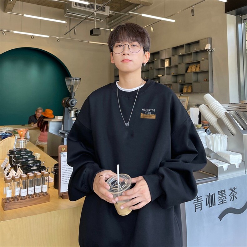 小字母圆领卫衣男春秋季新款简约小标卫衣宽松休闲无帽卫衣外套男，男装衬衫，星座1210-1