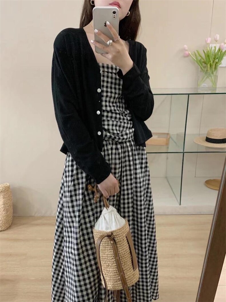 抹胸格子爆单连衣裙，抹胸，唇蔻