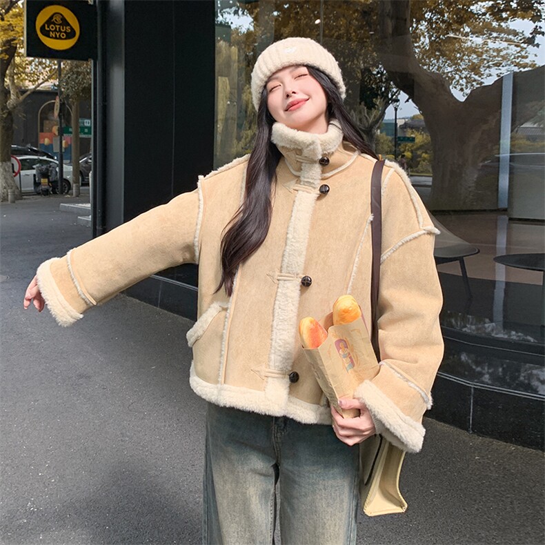 皮毛一体羊羔毛外套女冬季保暖麂皮短款上衣99037款P195K278,女装短外套,2C316