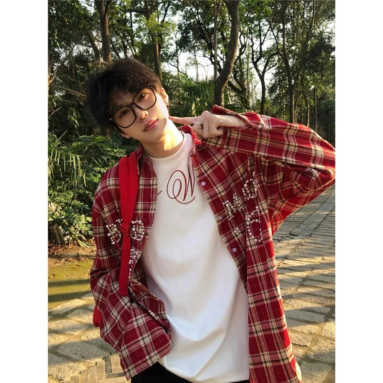 新款！高街美式复古高质量重工钉珠格子衬衫男女同款CS356,男装衬衫,星座1116A（原606A-3）