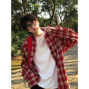 新款！高街美式复古高质量重工钉珠格子衬衫男女同款 CS356图片