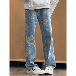 cleanfit花卉提花牛仔裤男款秋季美式潮牌痞帅炸街裤子窄版直筒裤图片