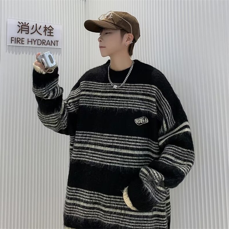 潮设计感条纹毛衣男潮牌春秋季高级感慵懒针织衫上衣 ZM53-P45图片
