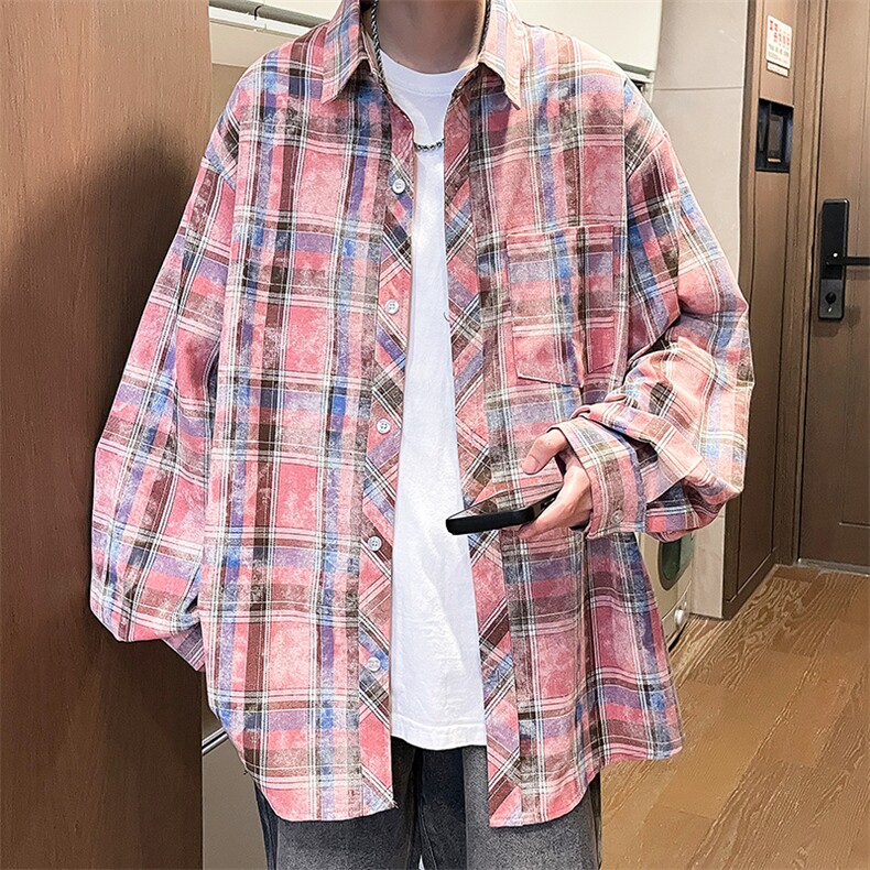 控价69港风格子衬衫宽松外套男女衬衣百搭格子外套CS2426P45,男装衬衫,电商A128