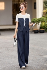 休闲时尚牛仔马甲套装女2025夏季新款气质高腰阔腿裤三件套，女装套装/套裙，伊仟回
