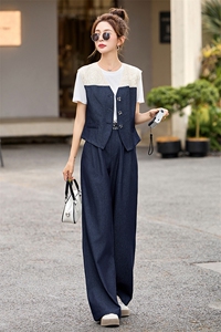 休闲时尚牛仔马甲套装女2025夏季新款气质高腰阔腿裤三件套图片