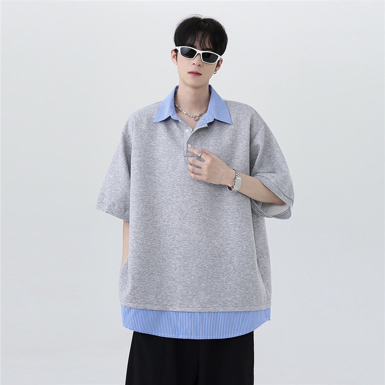 日系复古时尚休闲高级假两件百搭男女同款短袖T恤T601-P48,男装T恤,电商C307