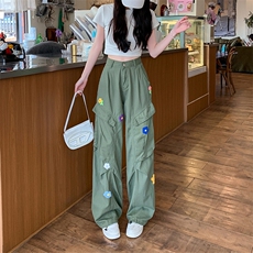 刺绣花朵复古工装休闲裤男女春夏季美式宽松阔腿裤高腰长裤，男装工装外套，星座601-1