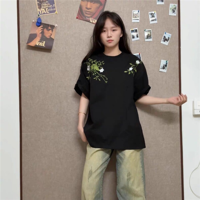 美式潮牌花卉刺绣重磅短袖T恤男女新款夏季设计感上衣LD26599-p43图片