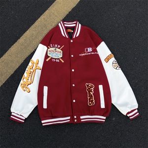 港风秋款男立领皮袖刺绣棒球服夹克外套JK164 P70图片