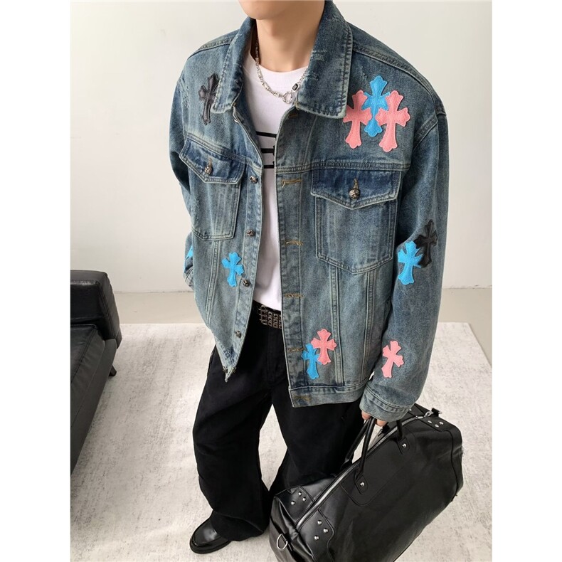 美式复古贴皮十字架牛仔外套男女休闲嘻哈痞帅水洗夹克,男装工装外套,星座410-6（原星座1304-1）