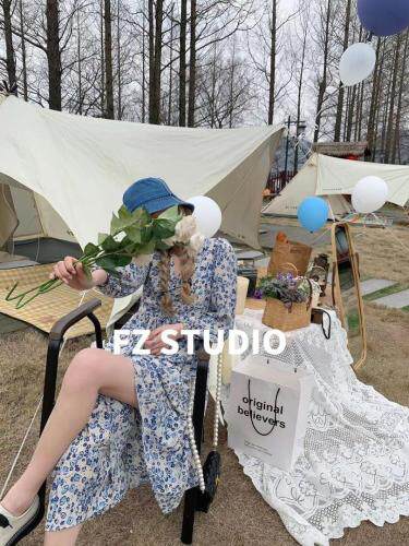 【春季新款】自制长款蓝花连衣裙，女装连衣裙，F/TU