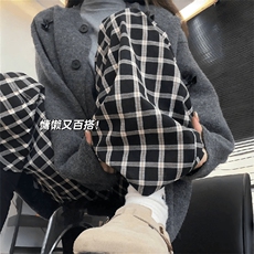 美式高街潮牌男女泡泡格子休闲裤直筒宽松慵懒显瘦阔腿休闲长裤子，男装休闲裤，电商A486