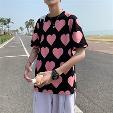 港风全身爱心印花短袖T恤男女夏季纯棉短袖情侣装T127P35控49,男装T恤,电商A089-1
