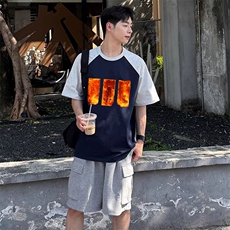 抖音得物高品质二开240克宽松纯棉美式潮牌插肩袖拼接短袖T恤，男装T恤，电商A486