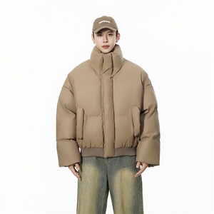 现货5W件冬季三防重磅硬挺boxy短款羽绒立领PU皮棉衣外套加厚棉服图片