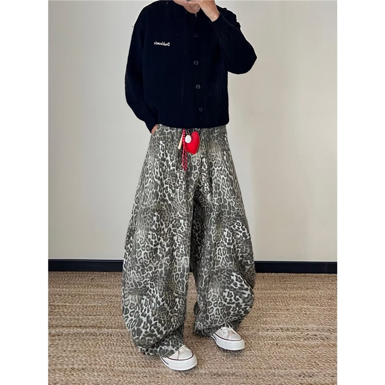 水洗做旧豹纹牛仔裤男女宽松直筒筒垂显瘦休闲长裤7891P52，男装牛仔裤，星座410-2