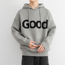 高街复古套头针织帽衫男GOOD连帽毛衣潮牌秋冬慵懒风情侣外套，男装针织衫/毛衣，星座914
