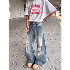 美式街头水洗做旧破洞牛仔裤男高街vibe风长裤子N0784-P53，男装牛仔裤，星座308B-2
