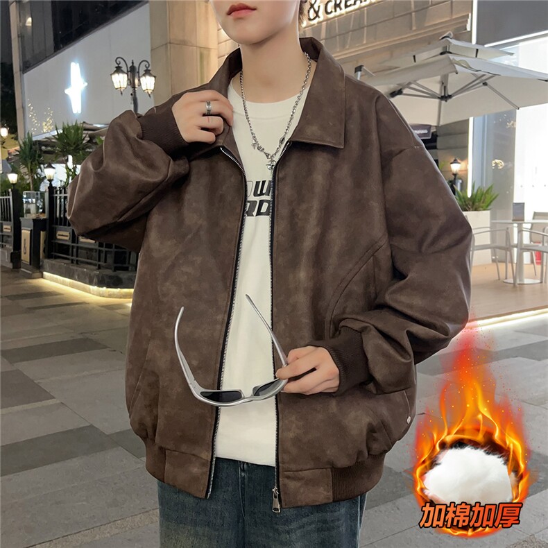 M-8XL时尚翻领皮衣夹克外套男7083加绒-P90大码图片