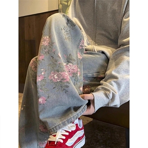 牡丹提花牛仔裤男设计感小众水洗休闲裤子直筒微喇裤YA745-P50图片