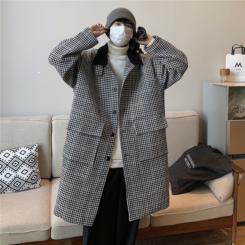 港风新品 中长款呢大衣翻领宽松廓形格纹夹棉毛呢外套 G1038 P128图片