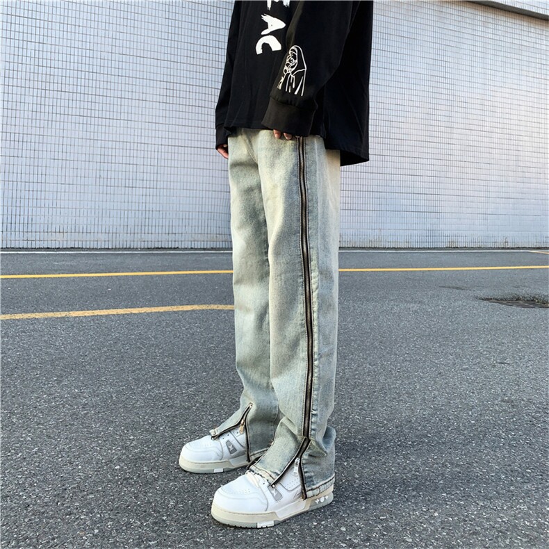 浅色水洗做旧拉链牛仔裤弹性直筒宽松长裤男N02833-P60,男装牛仔裤,星座308B-1