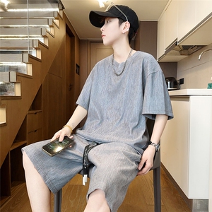 光版二开冰丝休闲运动套装男褶皱V领一套夏季A266-LHZTZ005-P42图片