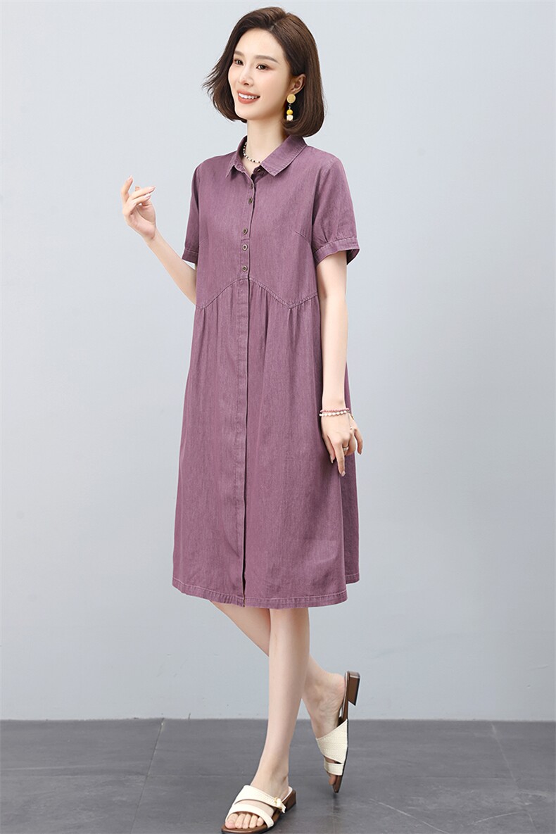 中年妈妈薄款纯棉牛仔连衣裙女2025夏季新款宽松休闲减龄衬衫裙子,女装连衣裙,韩派