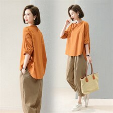 2025夏季新款时尚休闲宽松大码显瘦中年妈妈两件套减龄棉麻套装女，女装套装/套裙，深水步