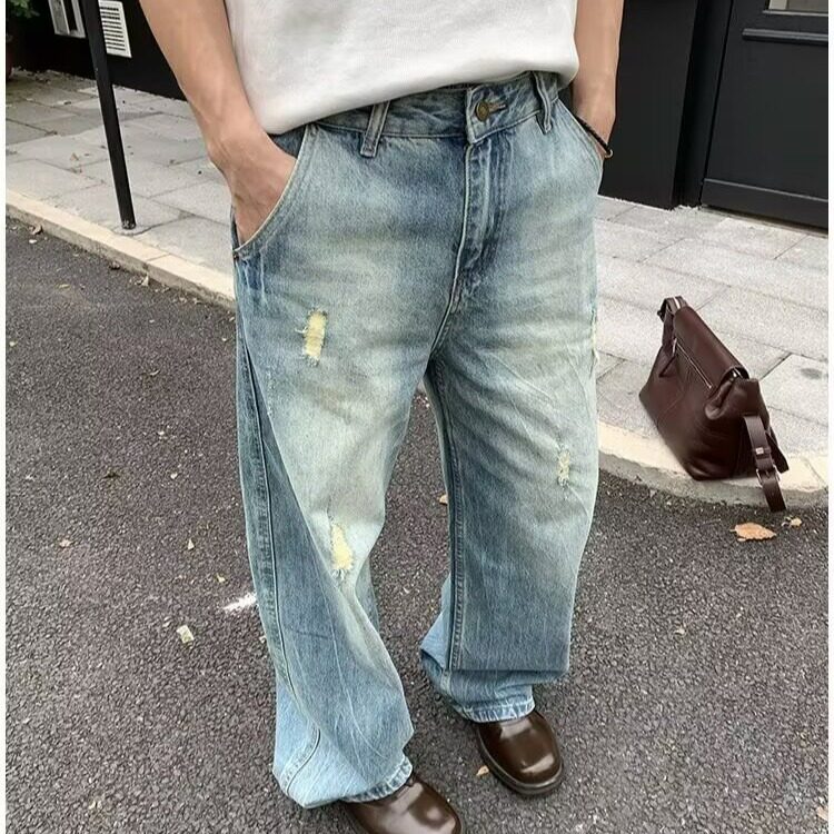 美式复古2025夏季水洗破洞牛仔裤男宽松阔腿弯刀长裤GJA08-P50,男装牛仔裤,星座208-5