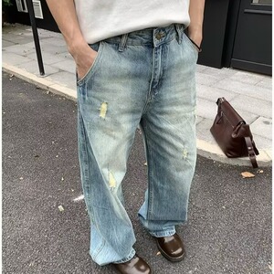 美式复古2025夏季水洗破洞牛仔裤男宽松阔腿弯刀长裤GJA08-P50