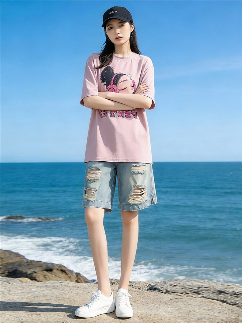 盐系穿搭休闲时尚套装女夏设计感圆领印花短袖破洞牛仔短裤两件套,女装套装/套裙,江南