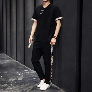 2026夏季风棉麻亚麻短袖T恤唐装大码男士盘扣套装 H528-P50图片