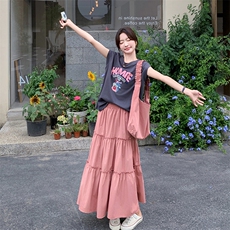 韩版甜美减龄印花背心T恤套装女2025夏季新款显瘦半身长裙两件套，女装套装/套裙，2C203