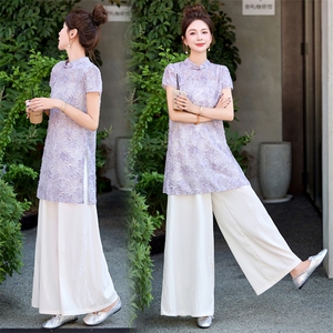 新中式国风套装女夏高级感复古提花改良旗袍上衣时尚阔腿裤两件套图片