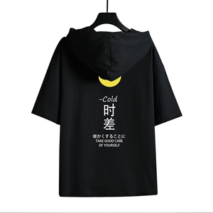 LD54047-P45 连帽短袖t恤男大码胖子带帽五分袖中袖 网格挂拍图片