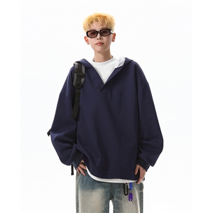 8XL-M叠穿假两件卫衣重磅连帽V领拼接套头衫宽松大码外套WY006P65图片