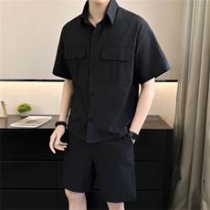 2025夏季冰丝短袖短裤透气褶皱两件套运动休闲套装2716-P95，男装牛仔裤，电商A413