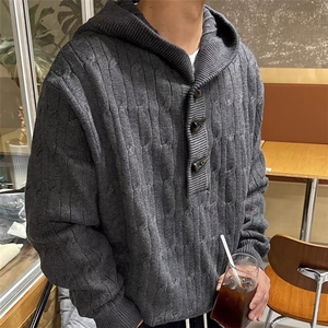 牛角扣设计感半开衫毛衣外套秋季穿搭慵懒高级感宽松连帽针织衫