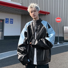 JK8803-P80美式春秋潮牌拼色重工皮衣夹克现货，男装夹克，星座1503