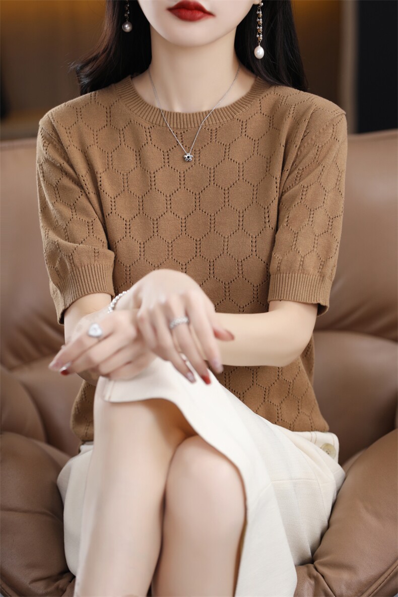 时尚百搭纯棉六边形短袖针织衫修身显瘦女士毛衣,针织衫/毛衣,桦兴羊绒